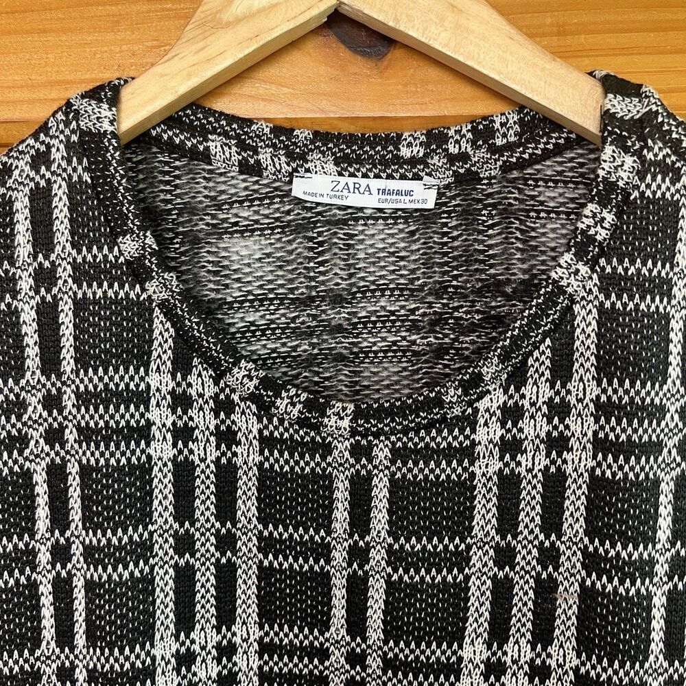 Zara Trafaluc Size L Jacquard Check Shift Mini Dress Black White Short Sleeve - Picture 4 of 5